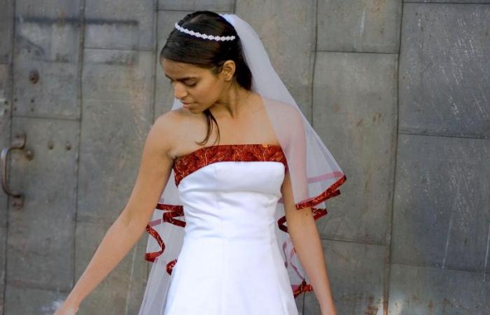 Camo and orange wedding dress