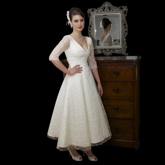 Sleeves tea length wedding dress